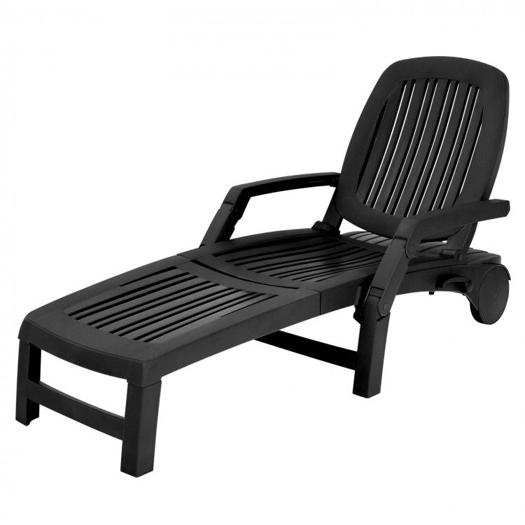 Adjustable Folding Outdoor Chaise Lounge Chair With Storage and Wheel *CUSTOMER RETURN*