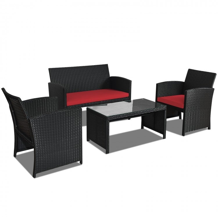 4 Pcs Wicker Conversation Furniture Set Patio Sofa And Table Set, Fully Assembled