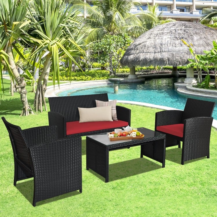 4 Pcs Wicker Conversation Furniture Set Patio Sofa And Table Set, Fully Assembled