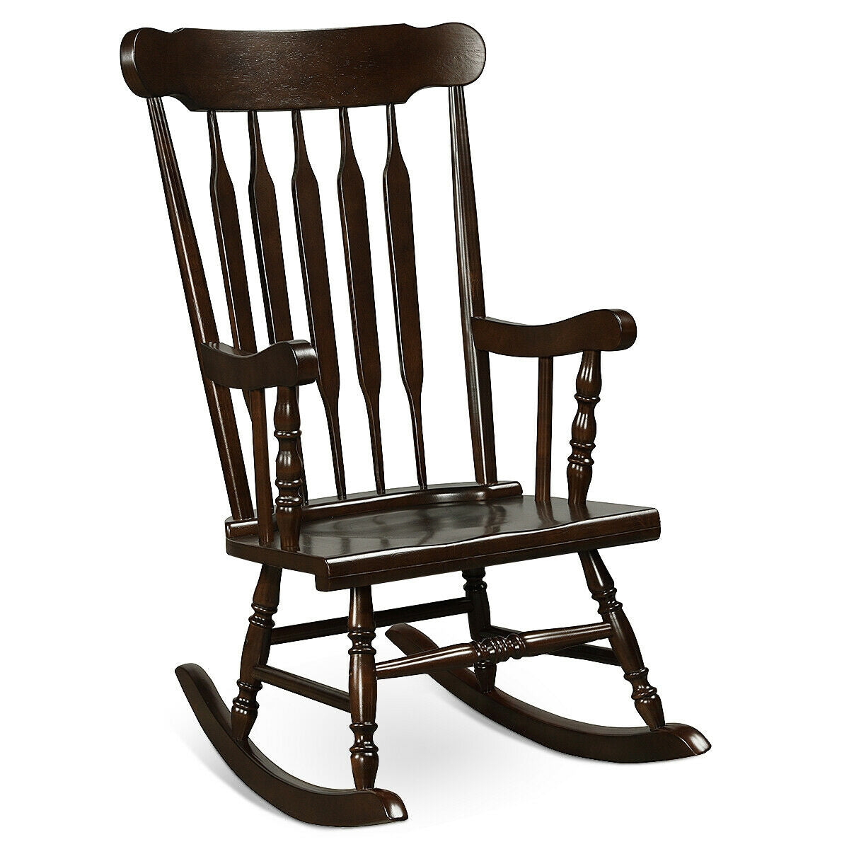 Solid Wood Porch Glossy Finish Rocking Chair- Dark Brown