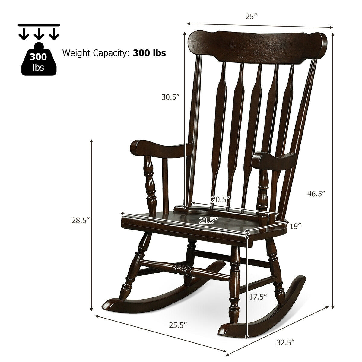 Solid Wood Porch Glossy Finish Rocking Chair- Dark Brown