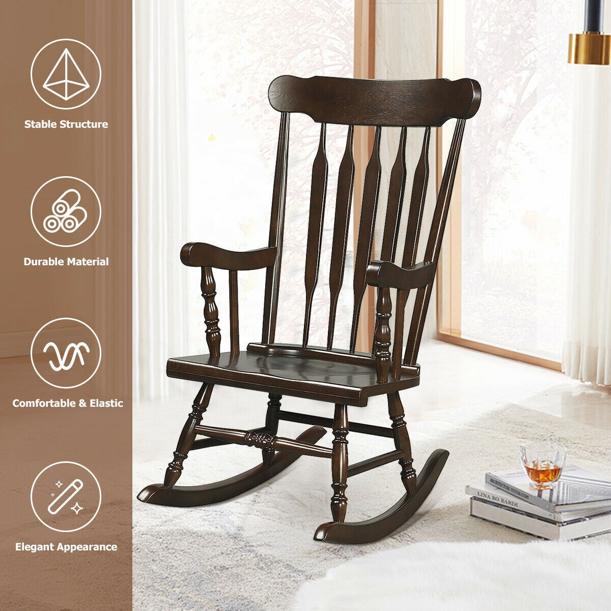 Solid Wood Porch Glossy Finish Rocking Chair- Dark Brown