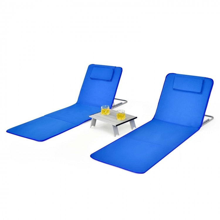 3 Pieces Beach Lounge Chair Mat Set 2 Adjustable Lounge Chairs with Table