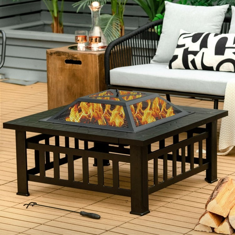 32 Inch 3 in 1 Outdoor Square Fire Pit Table with BBQ Grill and Rain Cover *FULLY ASSEMBLED*