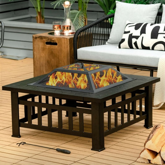 32 Inch 3 in 1 Outdoor Square Fire Pit Table with BBQ Grill and Rain Cover *FULLY ASSEMBLED*