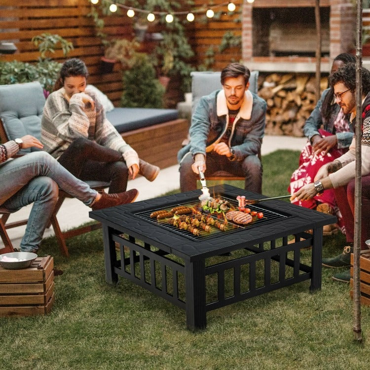 32 Inch 3 in 1 Outdoor Square Fire Pit Table with BBQ Grill and Rain Cover *FULLY ASSEMBLED*