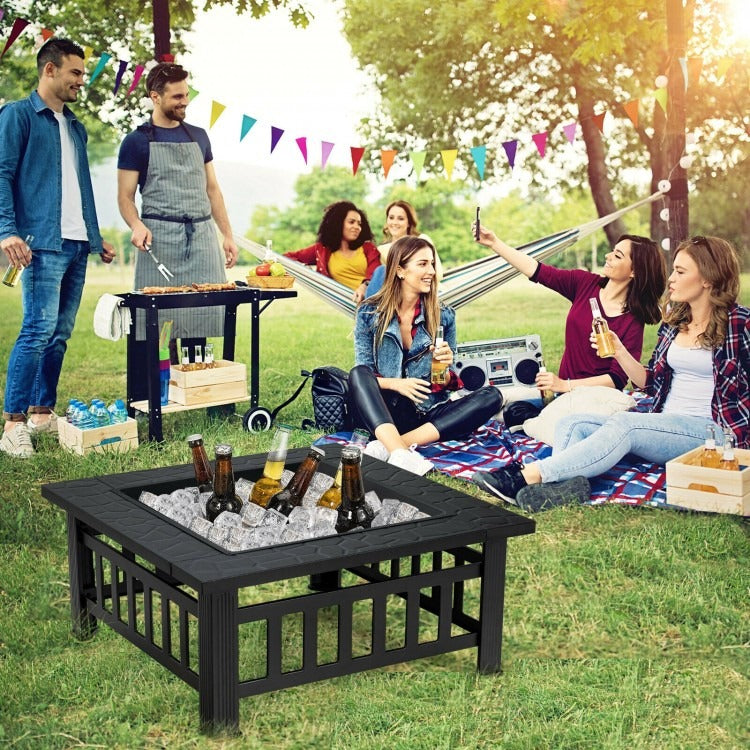 32 Inch 3 in 1 Outdoor Square Fire Pit Table with BBQ Grill and Rain Cover *FULLY ASSEMBLED*
