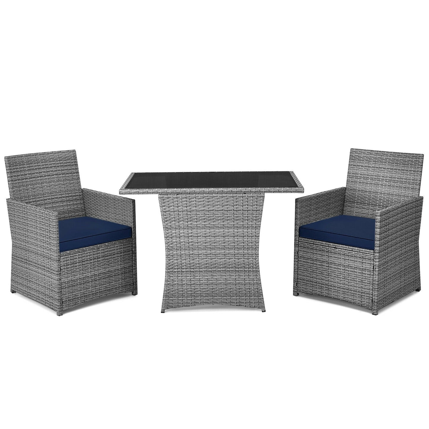3 Pieces Patio Rattan Furniture Set with Cushioned Armrest Sofa-Navy (Fully Assembled)