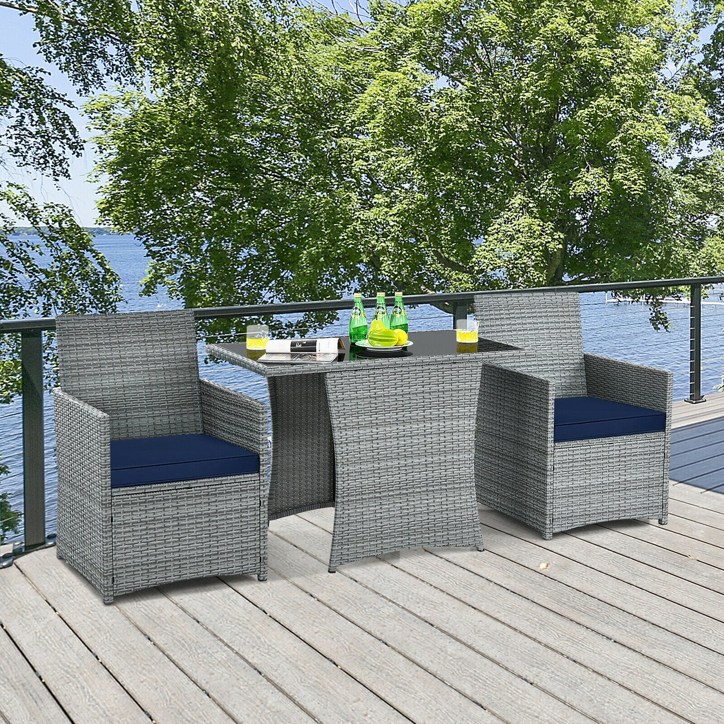 3 Pieces Patio Rattan Furniture Set with Cushioned Armrest Sofa-Navy (Fully Assembled)