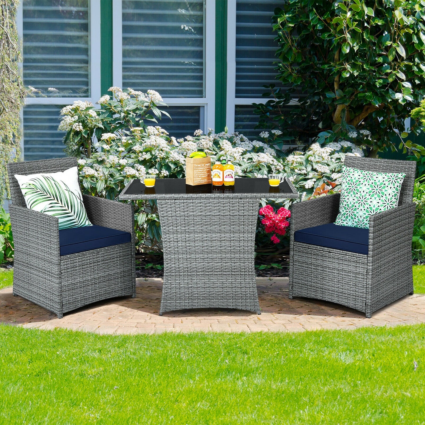 3 Pieces Patio Rattan Furniture Set with Cushioned Armrest Sofa-Navy (Fully Assembled)