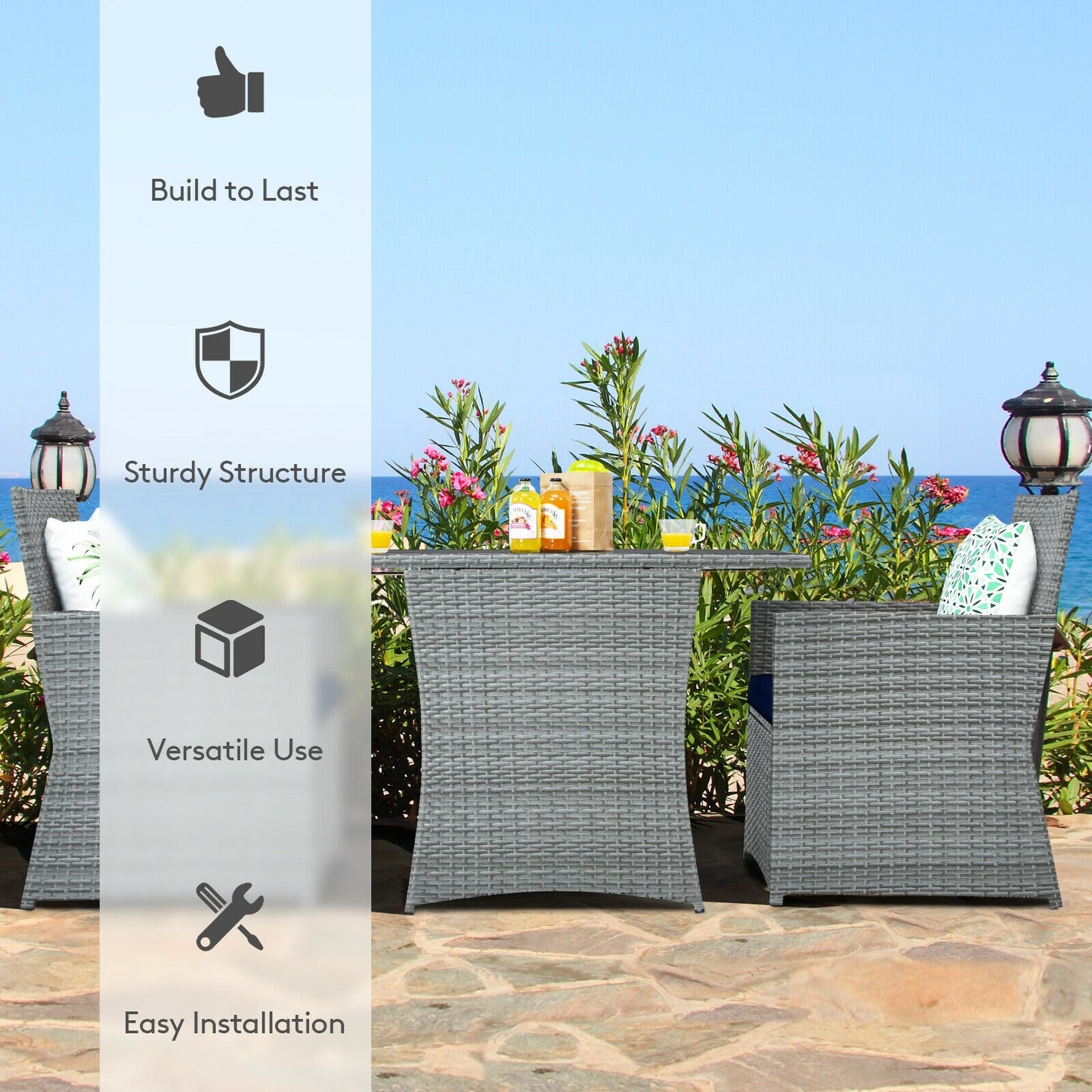 3 Pieces Patio Rattan Furniture Set with Cushioned Armrest Sofa-Navy (Fully Assembled)