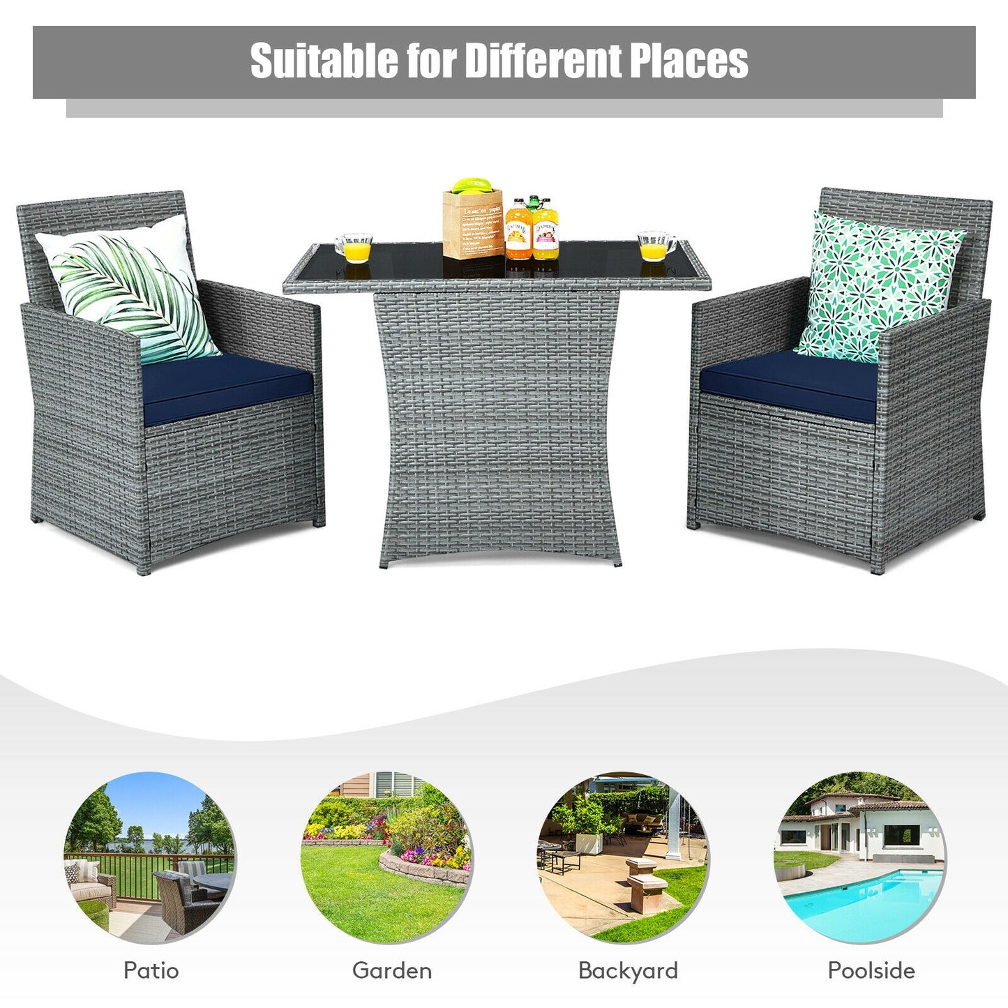 3 Pieces Patio Rattan Furniture Set with Cushioned Armrest Sofa-Navy (Fully Assembled)