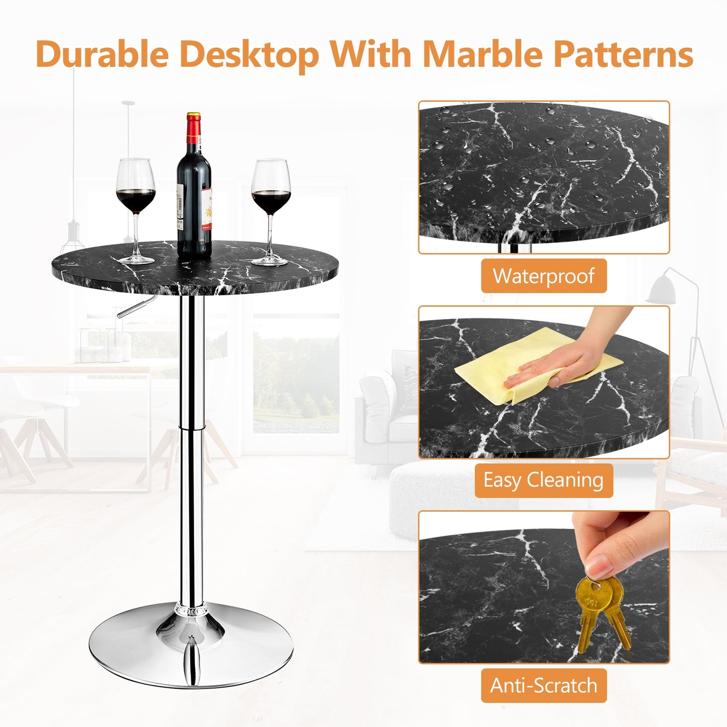 360 Degree Swivel, Round Height Adjustable Bistro Bar Table - Black (Assembled)