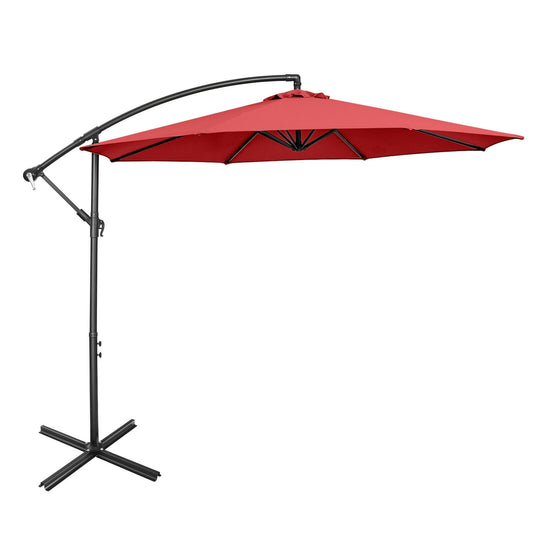 10FT Offset Umbrella with 8 Ribs Cantilever and Cross Base Tilt Adjustment-Red, fully assembled