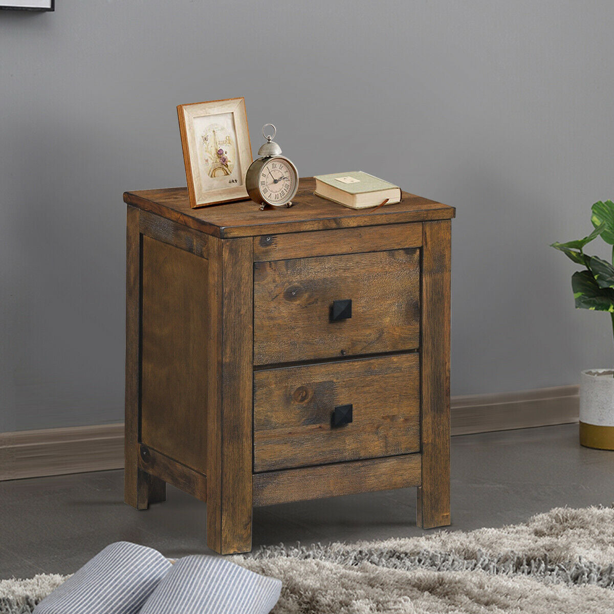 Wood 2 Storage Sliding Drawers End Nightstand-Oak