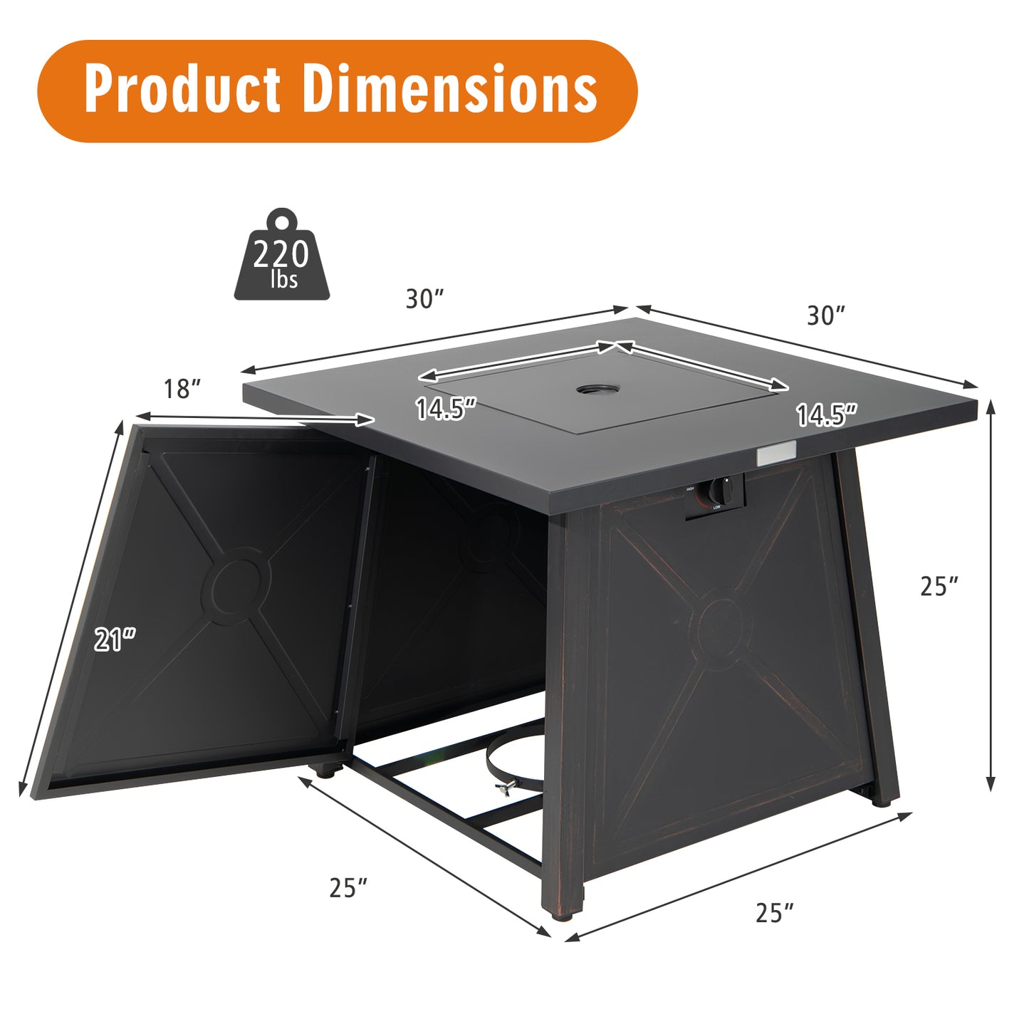 30 Inch Square Propane Gas Fire Table with Waterproof Cover, 1 box, unassembled