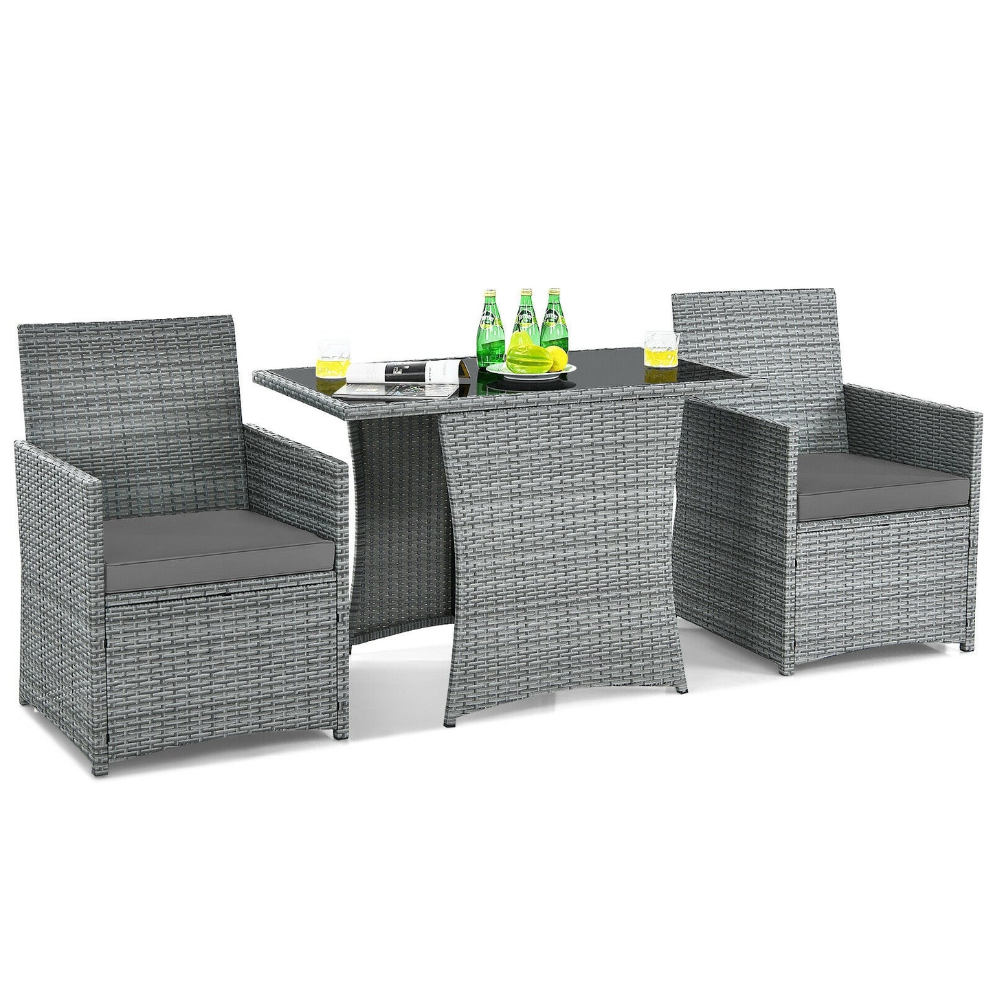 3 Pieces Patio Rattan Furniture Set with Cushioned Armrest Sofa-Gray (1 Box Unassembled)