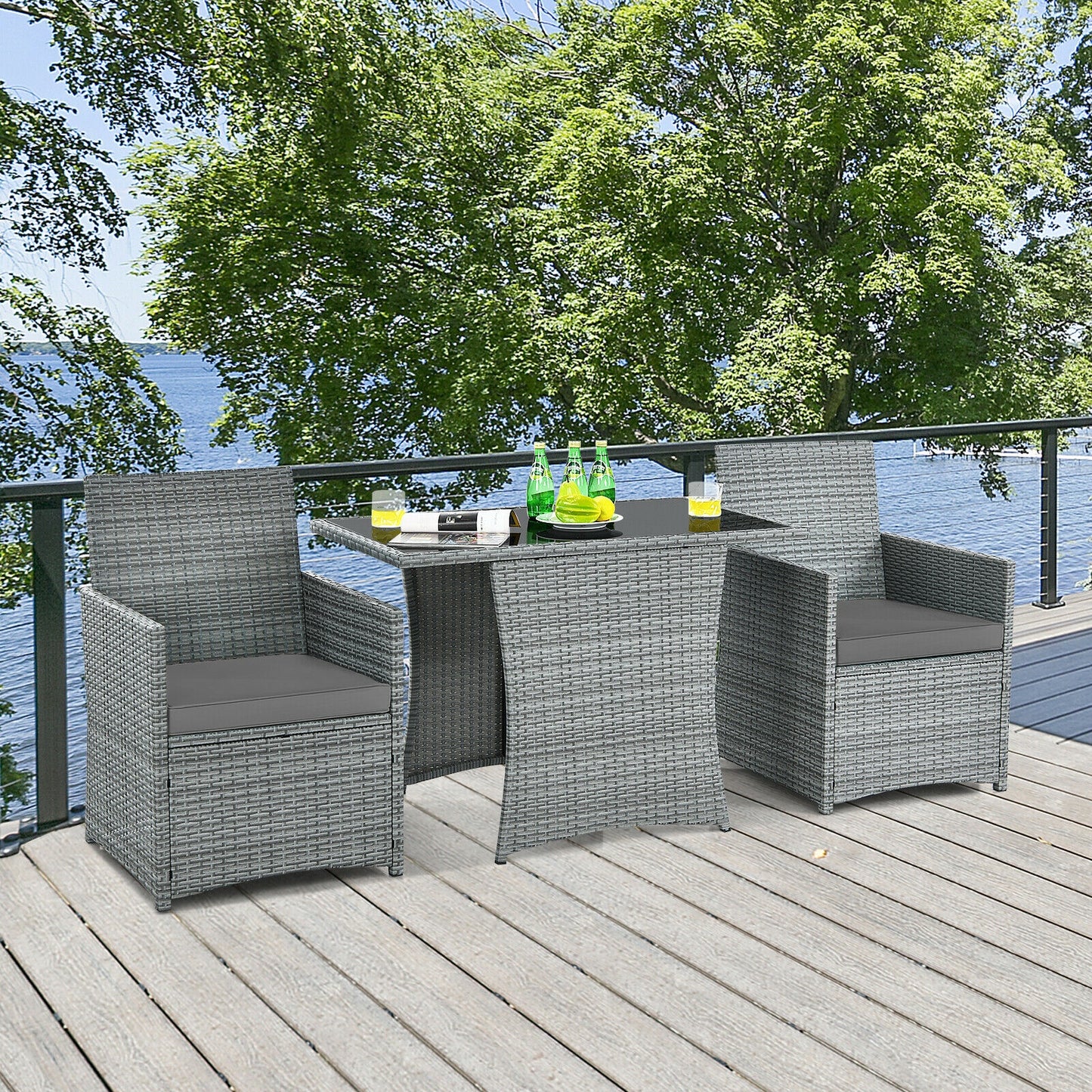 3 Pieces Patio Rattan Furniture Set with Cushioned Armrest Sofa-Gray (1 Box Unassembled)