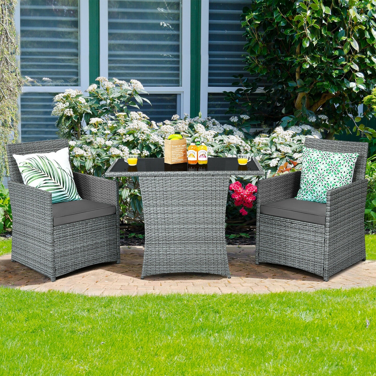 3 Pieces Patio Rattan Furniture Set with Cushioned Armrest Sofa-Gray (1 Box Unassembled)
