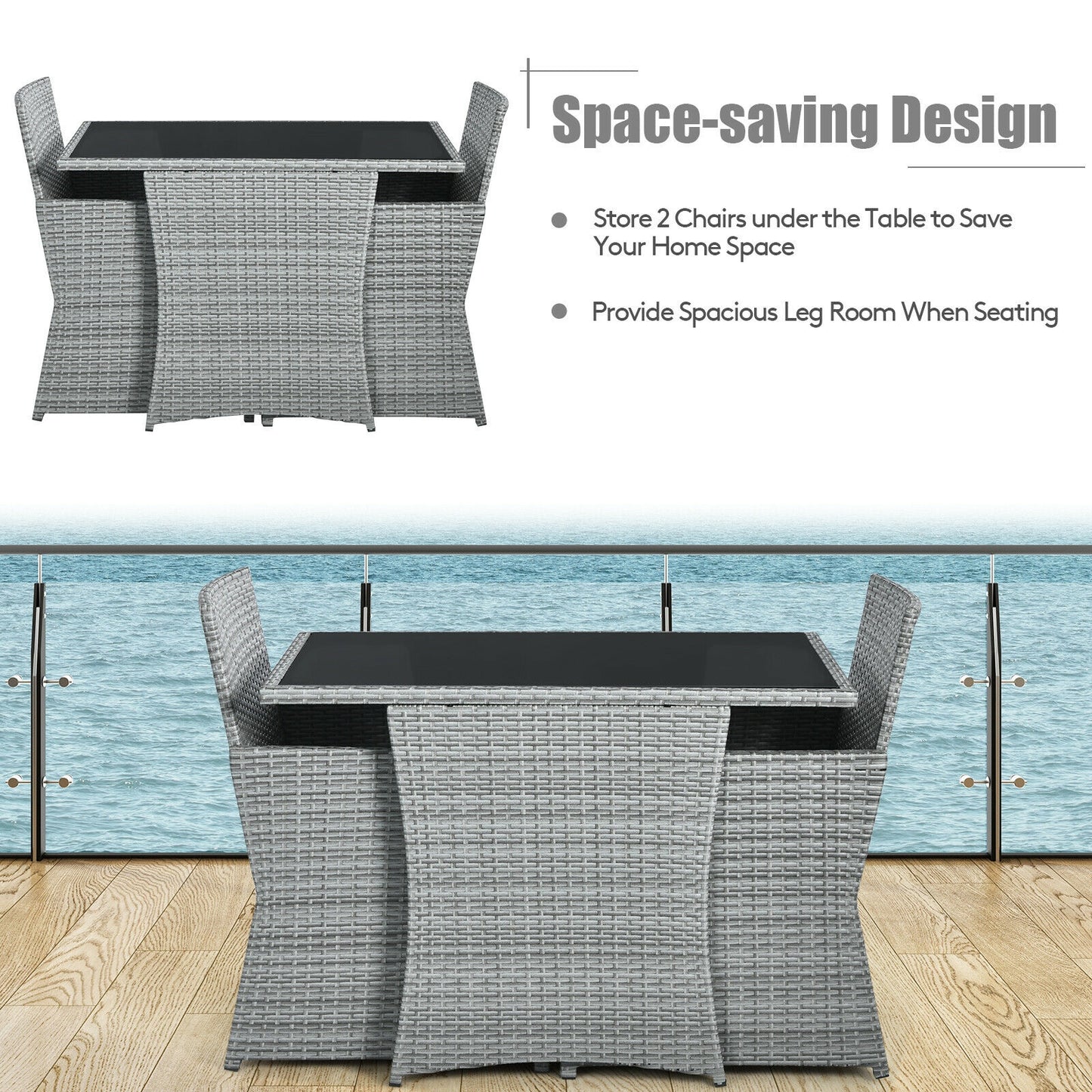 3 Pieces Patio Rattan Furniture Set with Cushioned Armrest Sofa-Gray (1 Box Unassembled)