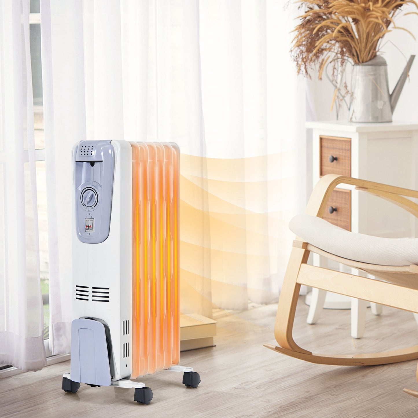 1500W Oil Filled Radiator with Thermostat and 4 Bottom Wheels- White