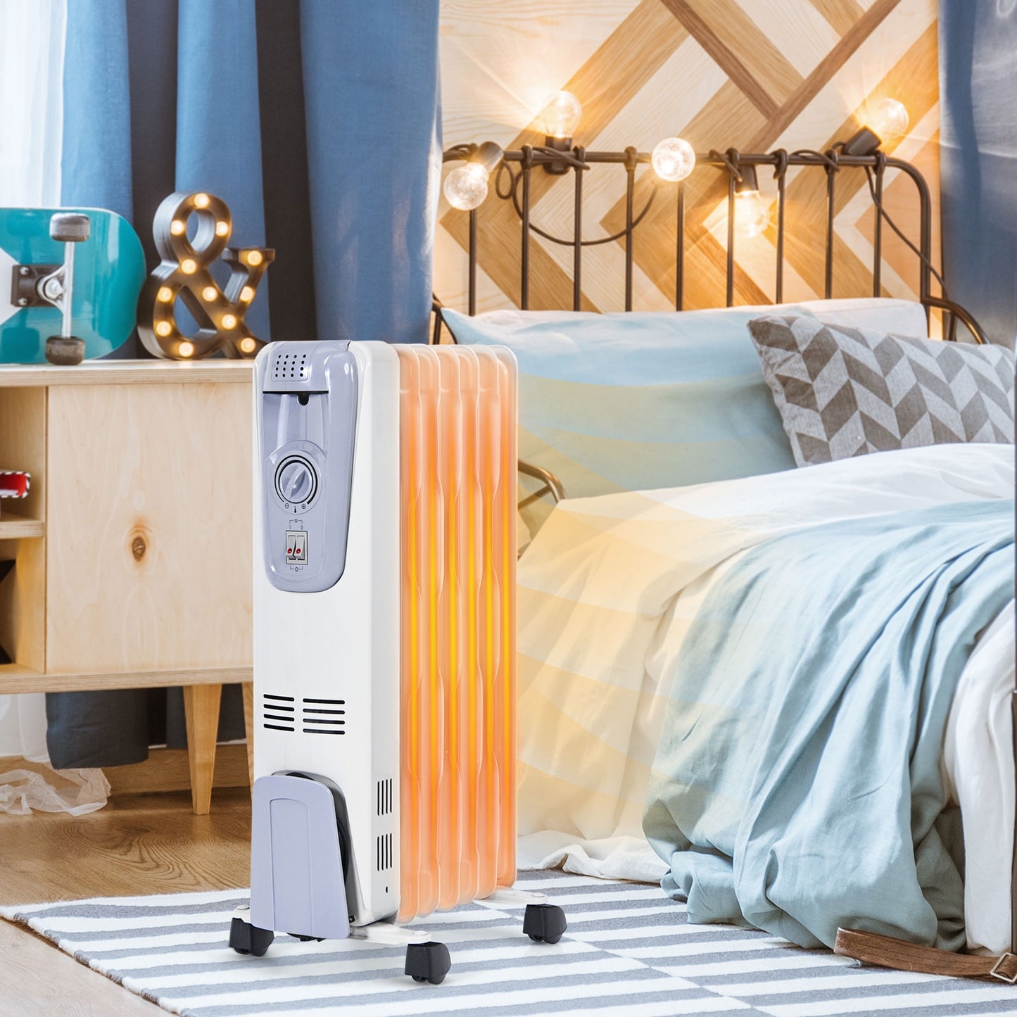 1500W Oil Filled Radiator with Thermostat and 4 Bottom Wheels- White