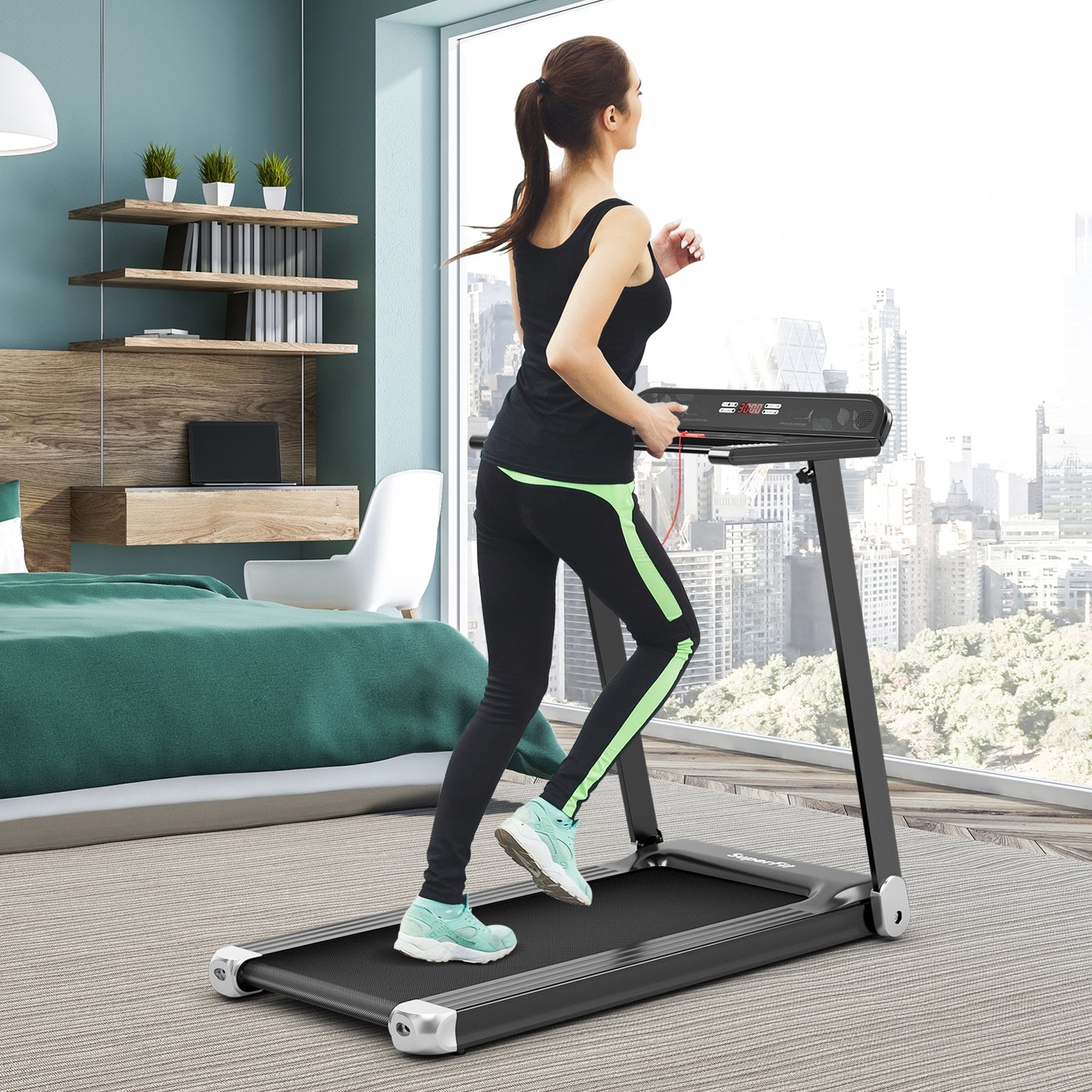 Folding Electric Compact Walking Treadmill with APP Control Speaker-Silver (MAX 198lbs)