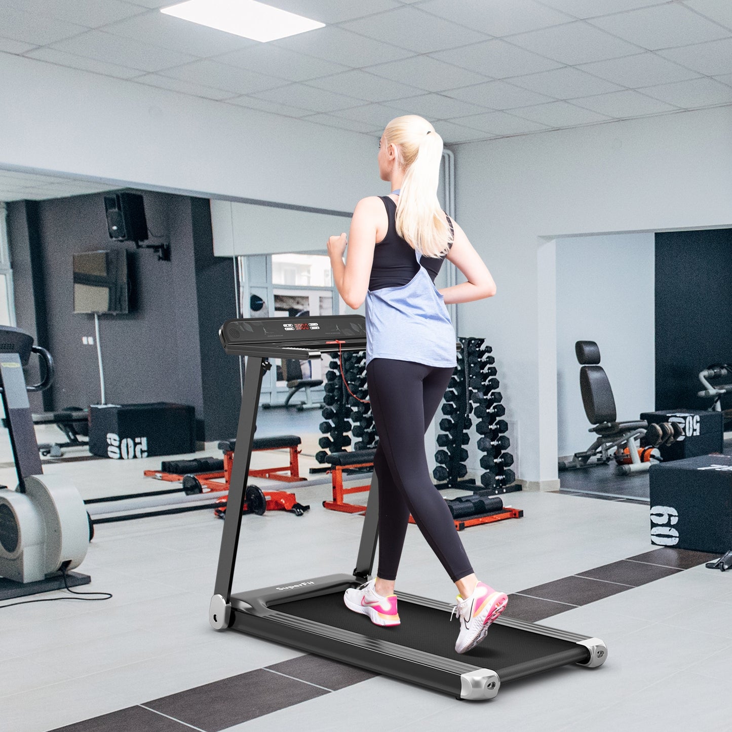 Folding Electric Compact Walking Treadmill with APP Control Speaker-Silver (MAX 198lbs)