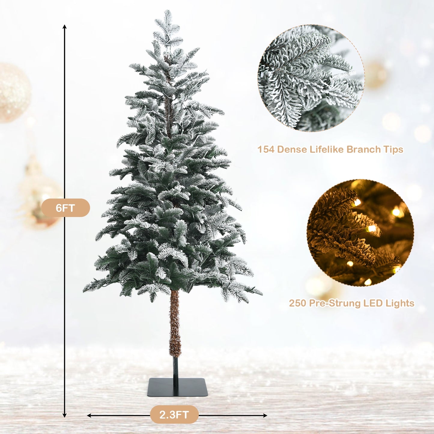 6 Feet Artificial Snow Flocked Pencil Christmas Tree with Warm White LED Lights