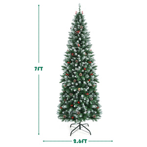 Pre-lit Artificial Pencil Christmas Tree with Pine Cones and Red Berries-7 ft