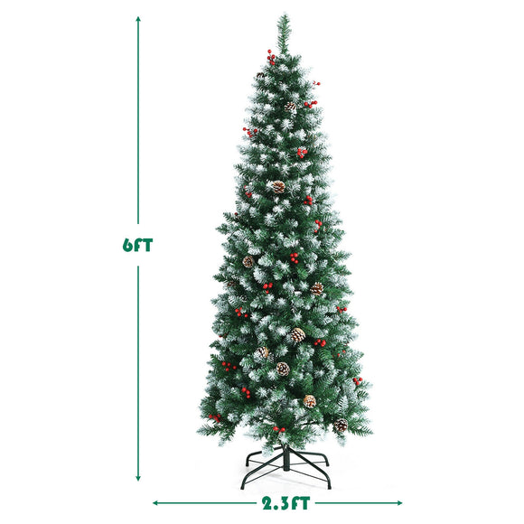 Pre-lit Artificial Pencil Christmas Tree with Pine Cones and Red Berries-6 ft