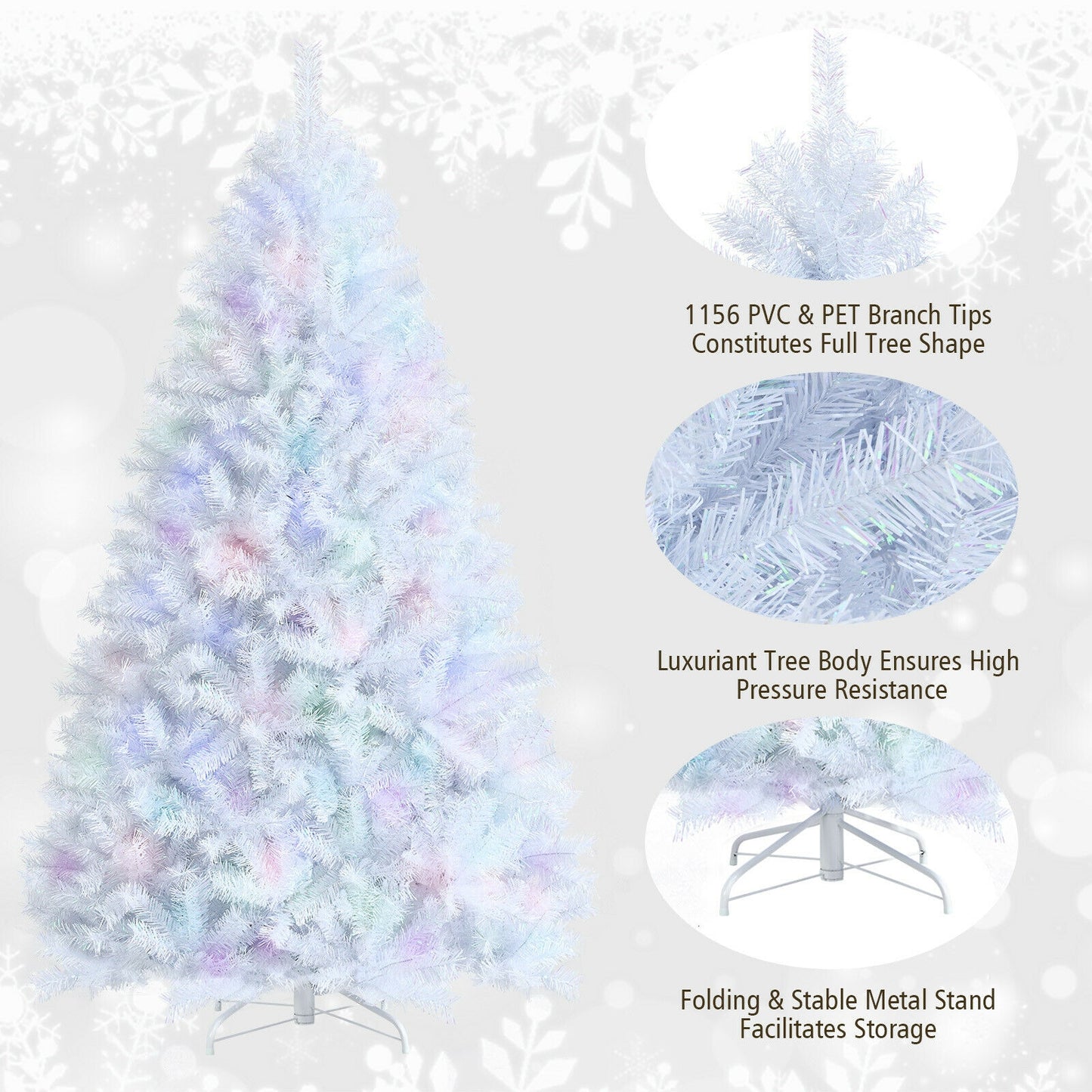 7 Feet White Iridescent Tinsel Artificial Christmas Tree, green stand, SPECIAL