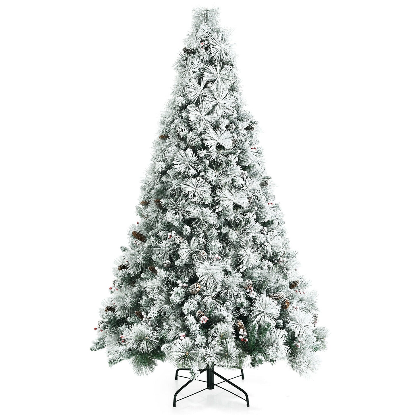 7 Feet Snow Flocked Christmas Tree with Pine Cone and Red Berries