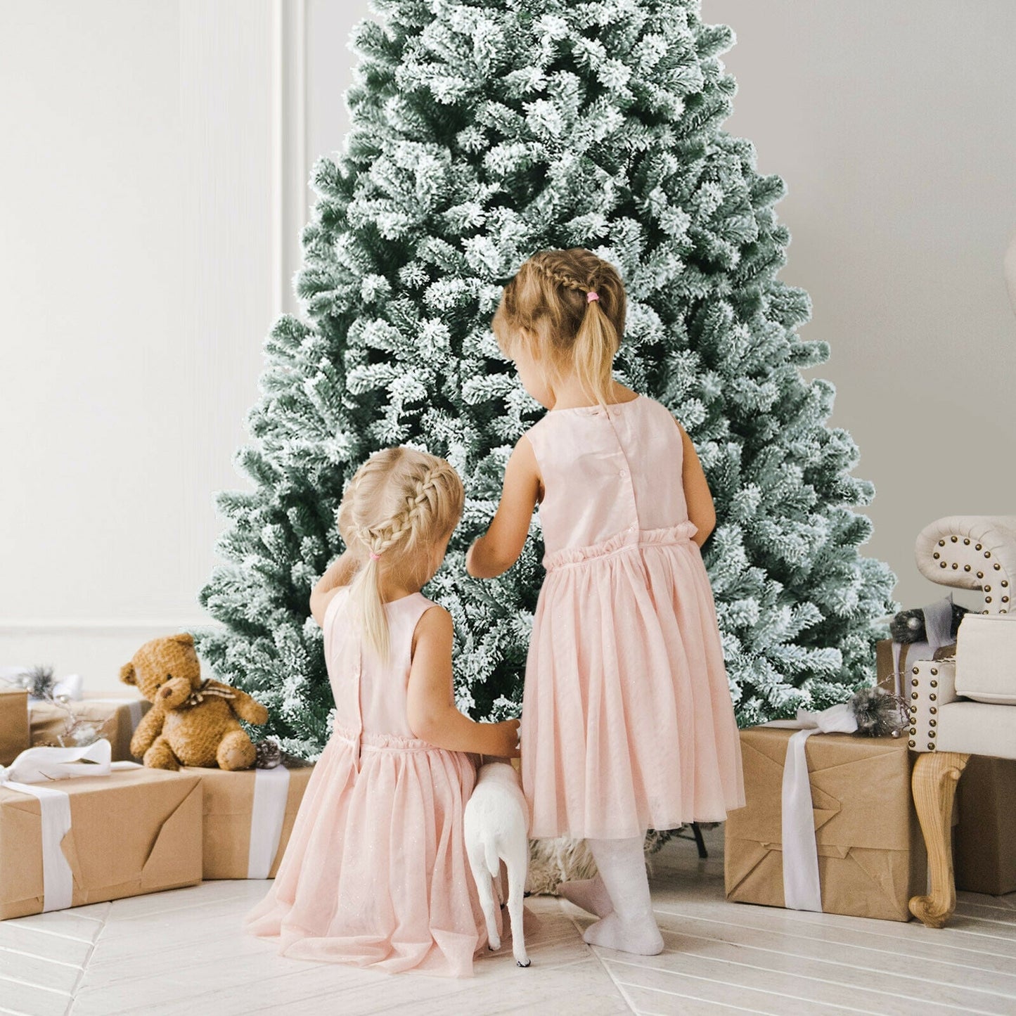 8 Feet Pre-lit Snow Flocked Christmas Tree with Tips and Metal Stand-8 ft, assembled, final sale