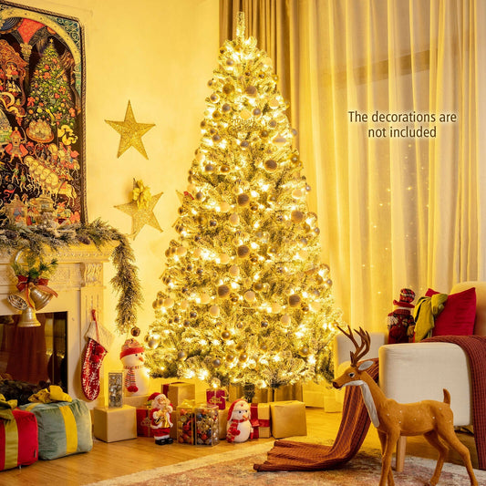 8 Feet Pre-lit Snow Flocked Christmas Tree with Tips and Metal Stand-8 ft, assembled, final sale