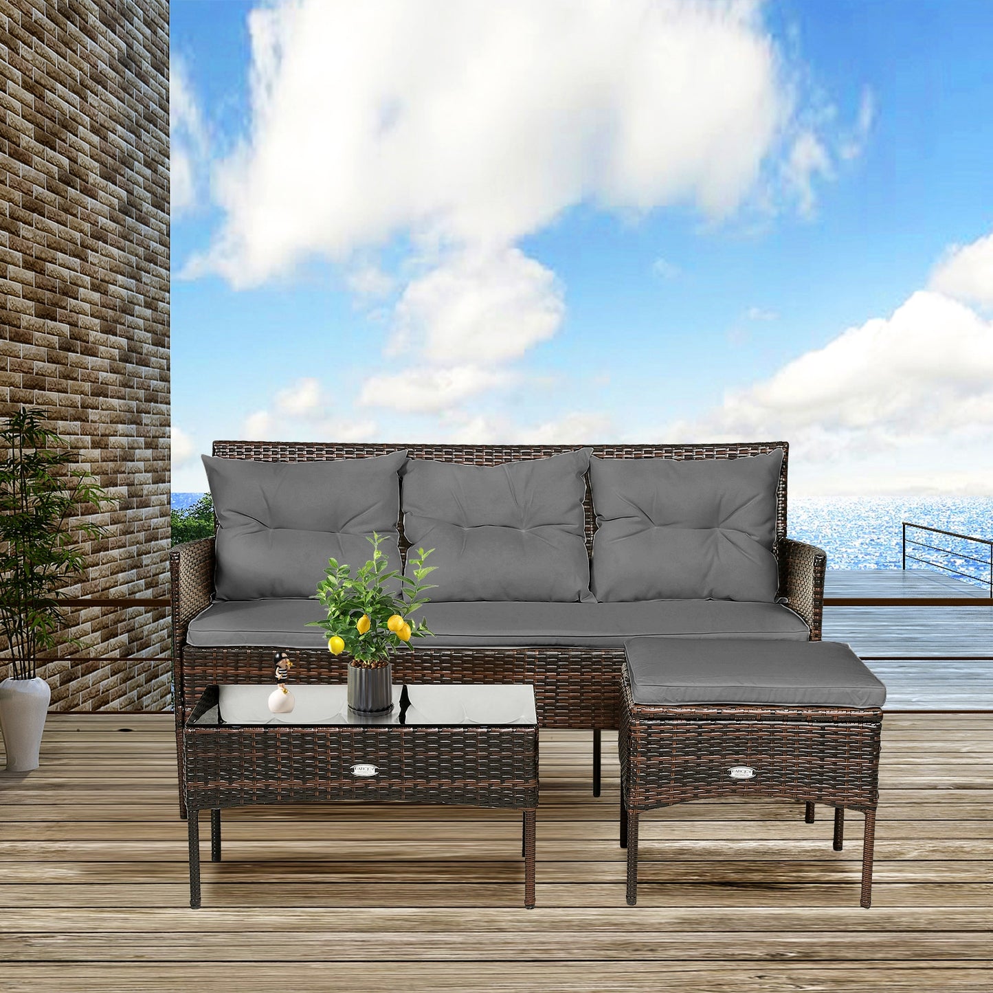 3 Pieces Patio Furniture Sectional Set with 5 Cozy Seat and Back Cushions-Gray - Fully Assembled