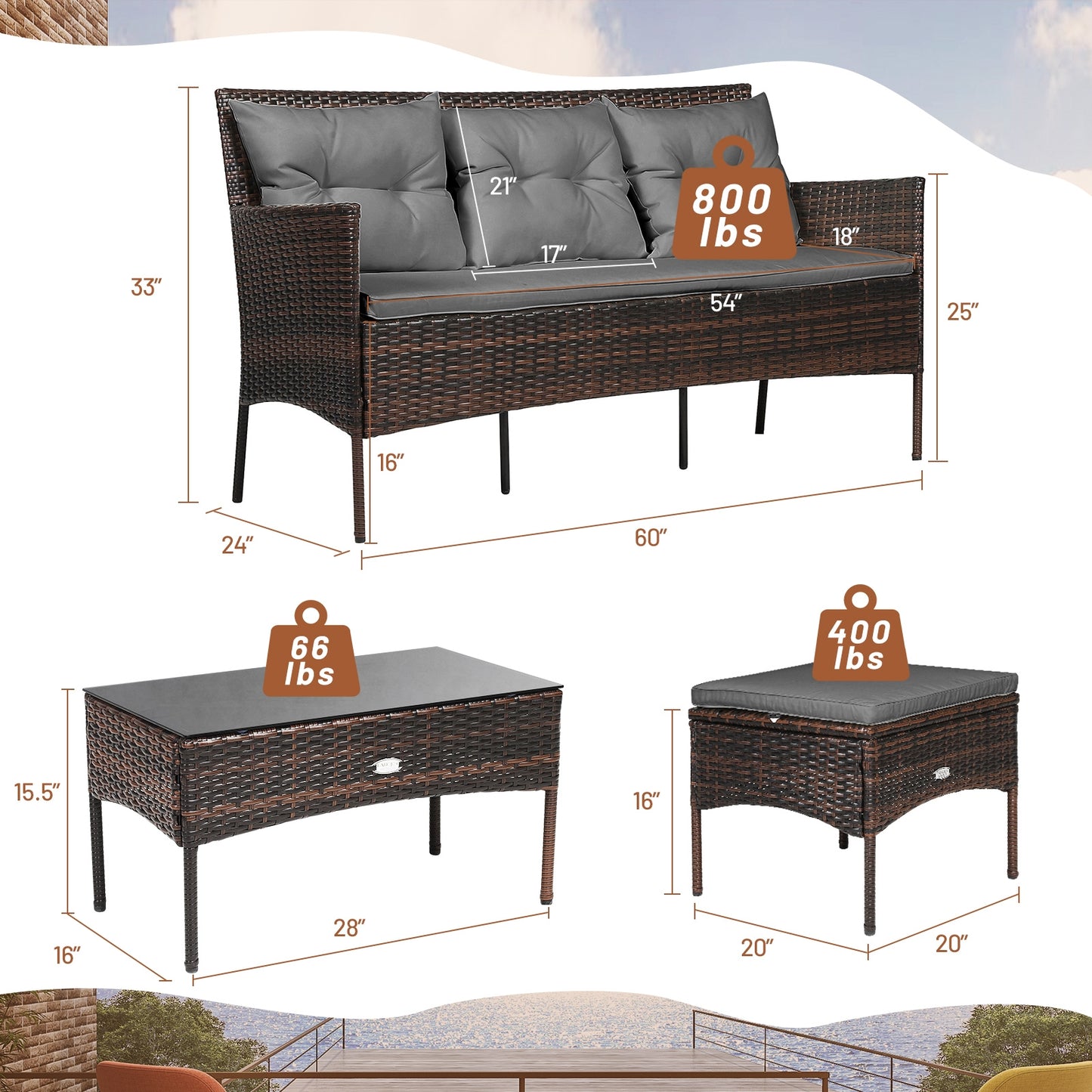 3 Pieces Patio Furniture Sectional Set with 5 Cozy Seat and Back Cushions-Gray - Fully Assembled