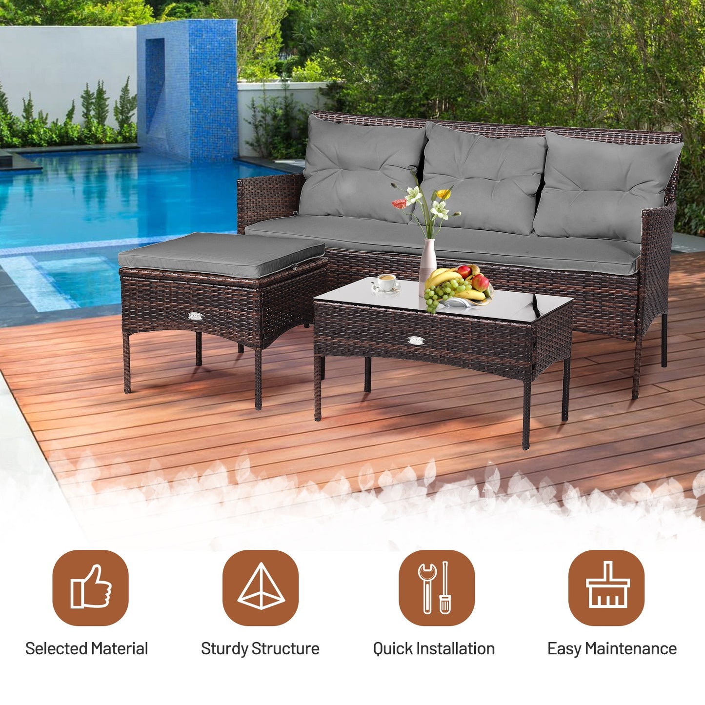 3 Pieces Patio Furniture Sectional Set with 5 Cozy Seat and Back Cushions-Gray - Fully Assembled