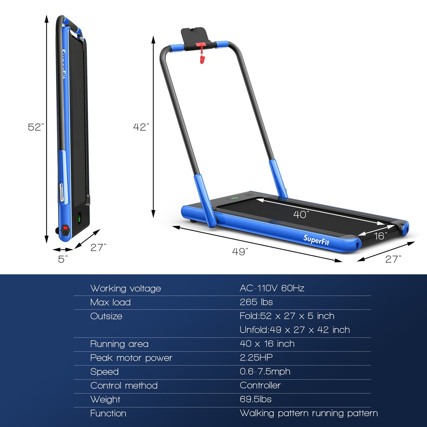 2-in-1 Folding Treadmill with Remote Control and LED Display-Blue (Shipping Damage)
