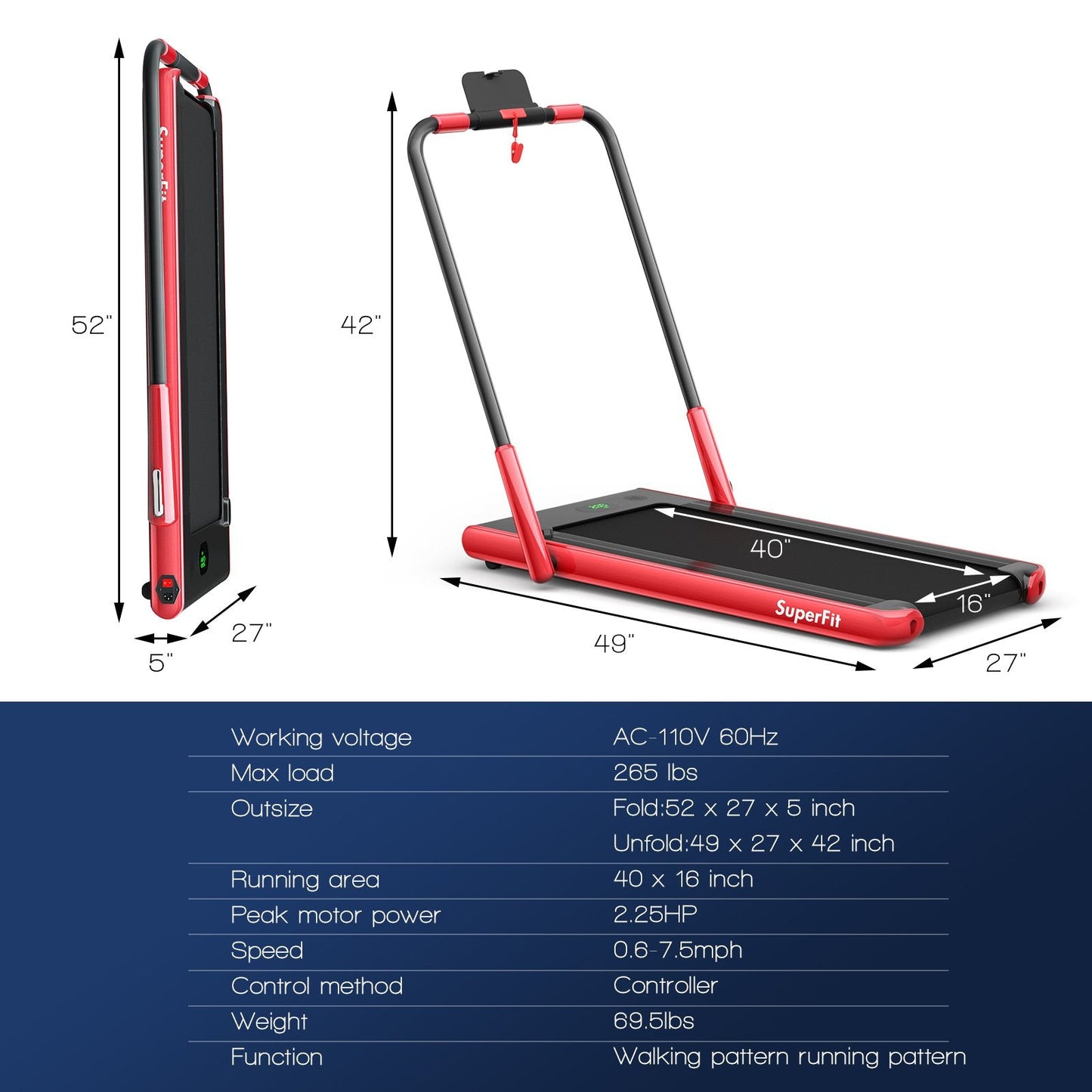 2-in-1 Folding Treadmill with Remote Control and LED Display-Red (MAX 265lbs)