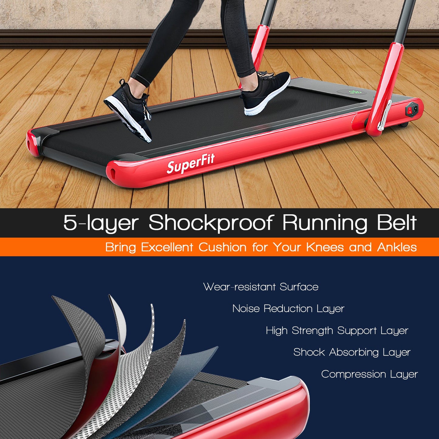 2-in-1 Folding Treadmill with Remote Control and LED Display-Red (MAX 265lbs)