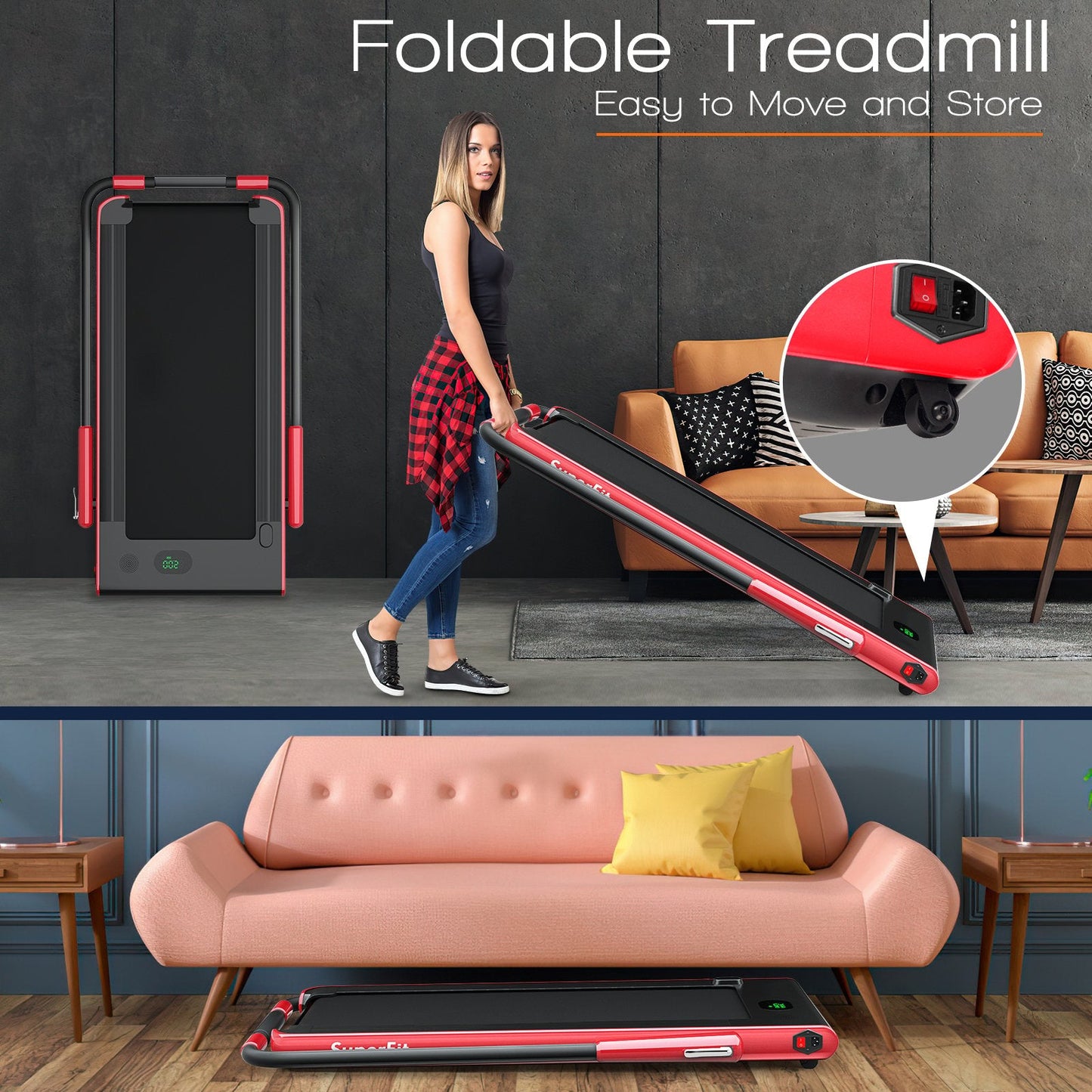 2-in-1 Folding Treadmill with Remote Control and LED Display-Red (MAX 265lbs)