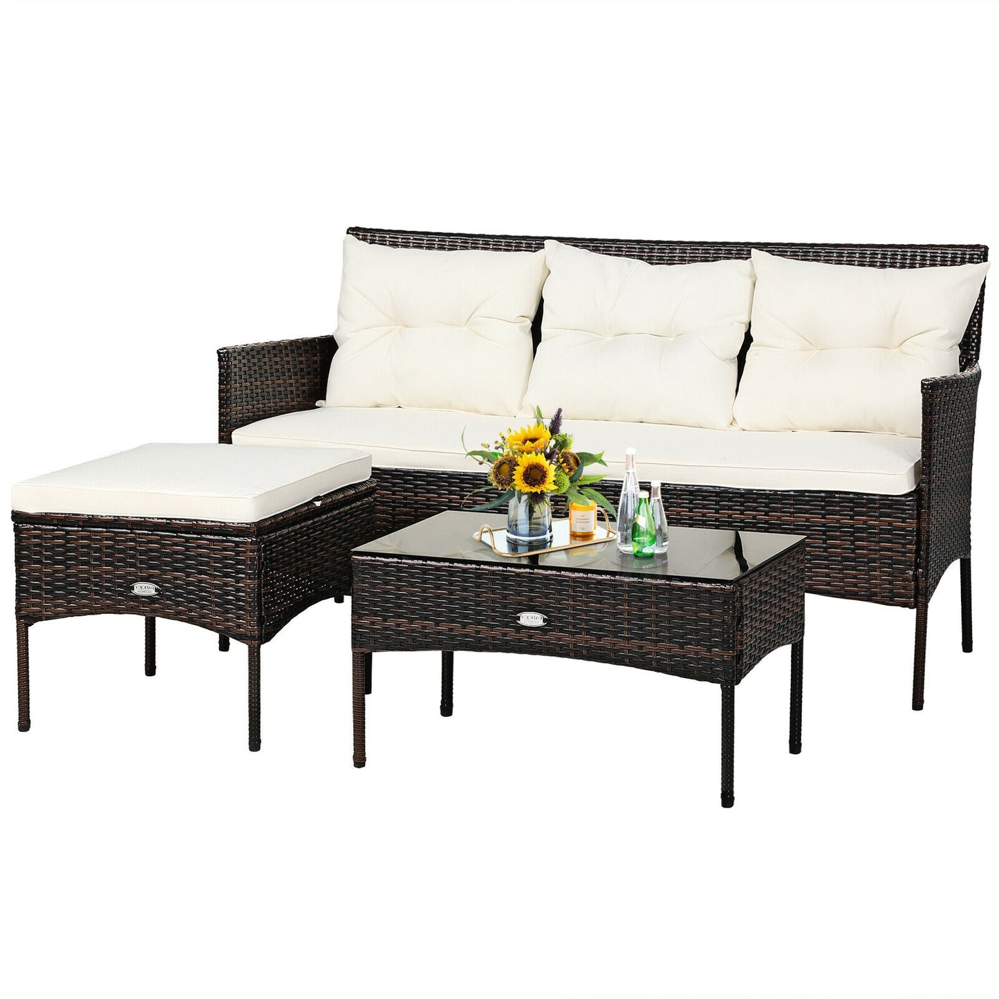 3 Pieces Patio Furniture Sectional Set with 5 Cozy Seat and Back Cushions- Off White (Fully Assembled)