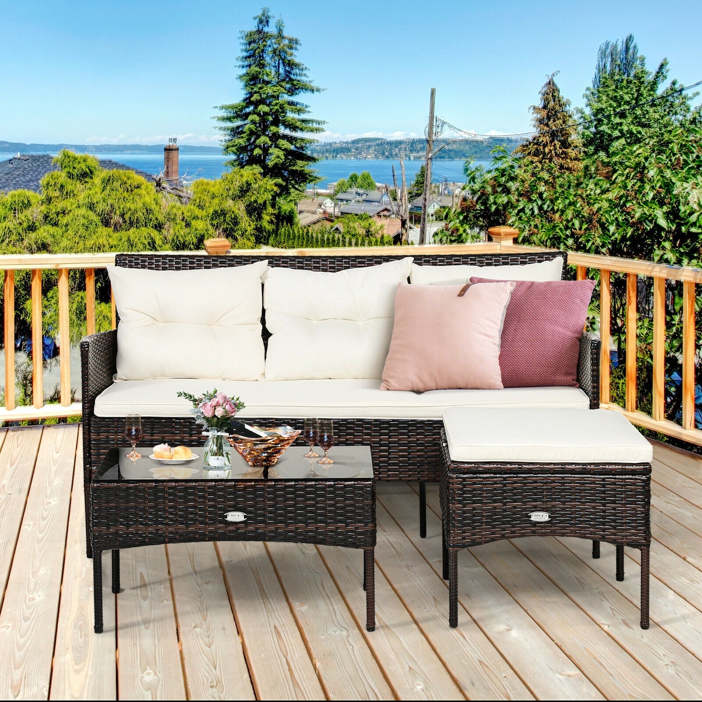 3 Pieces Patio Furniture Sectional Set with 5 Cozy Seat and Back Cushions- Off White (Fully Assembled)