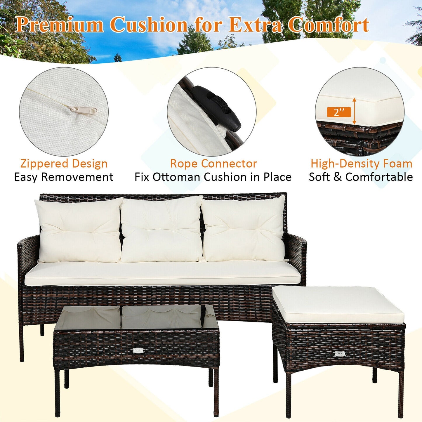 3 Pieces Patio Furniture Sectional Set with 5 Cozy Seat and Back Cushions- Off White (Fully Assembled)