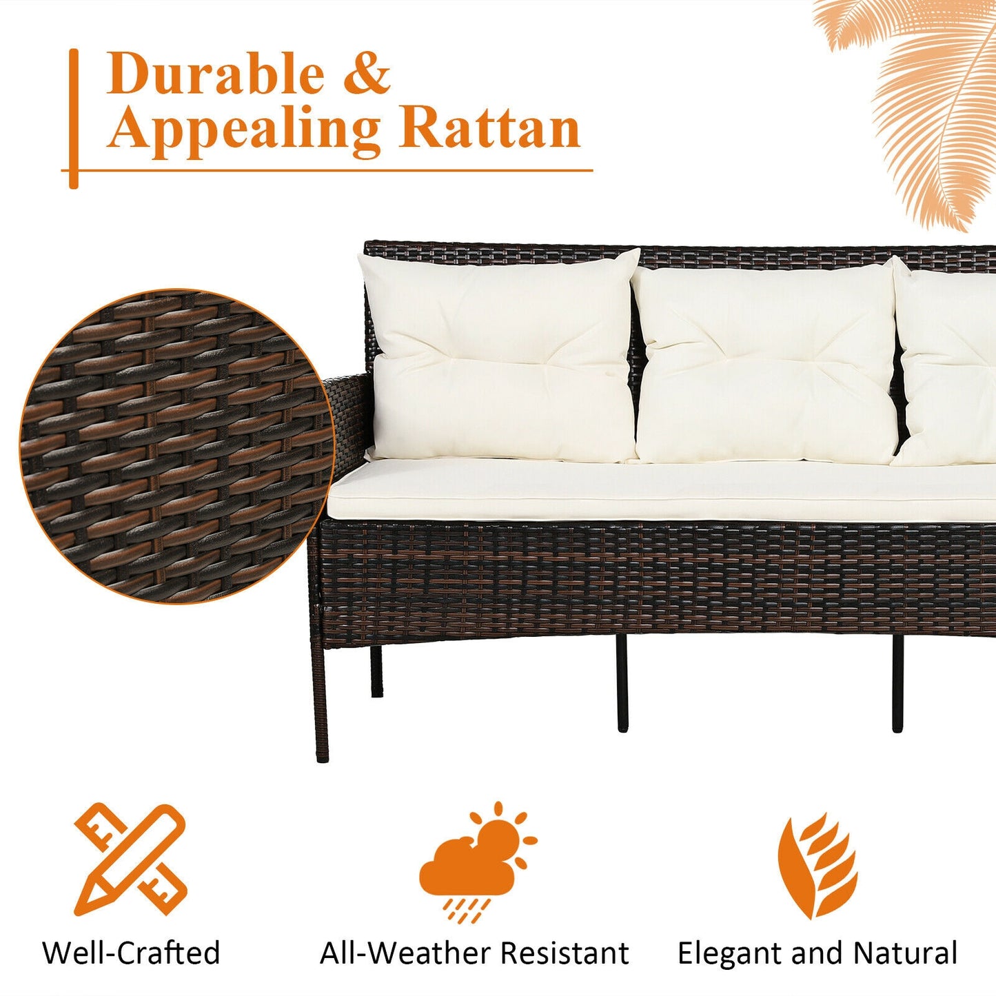3 Pieces Patio Furniture Sectional Set with 5 Cozy Seat and Back Cushions- Off White (Fully Assembled)
