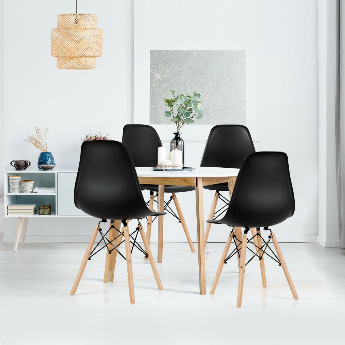 Set of 4 Modern Dining Side Chair Wood Legs-Black (Customer Return)