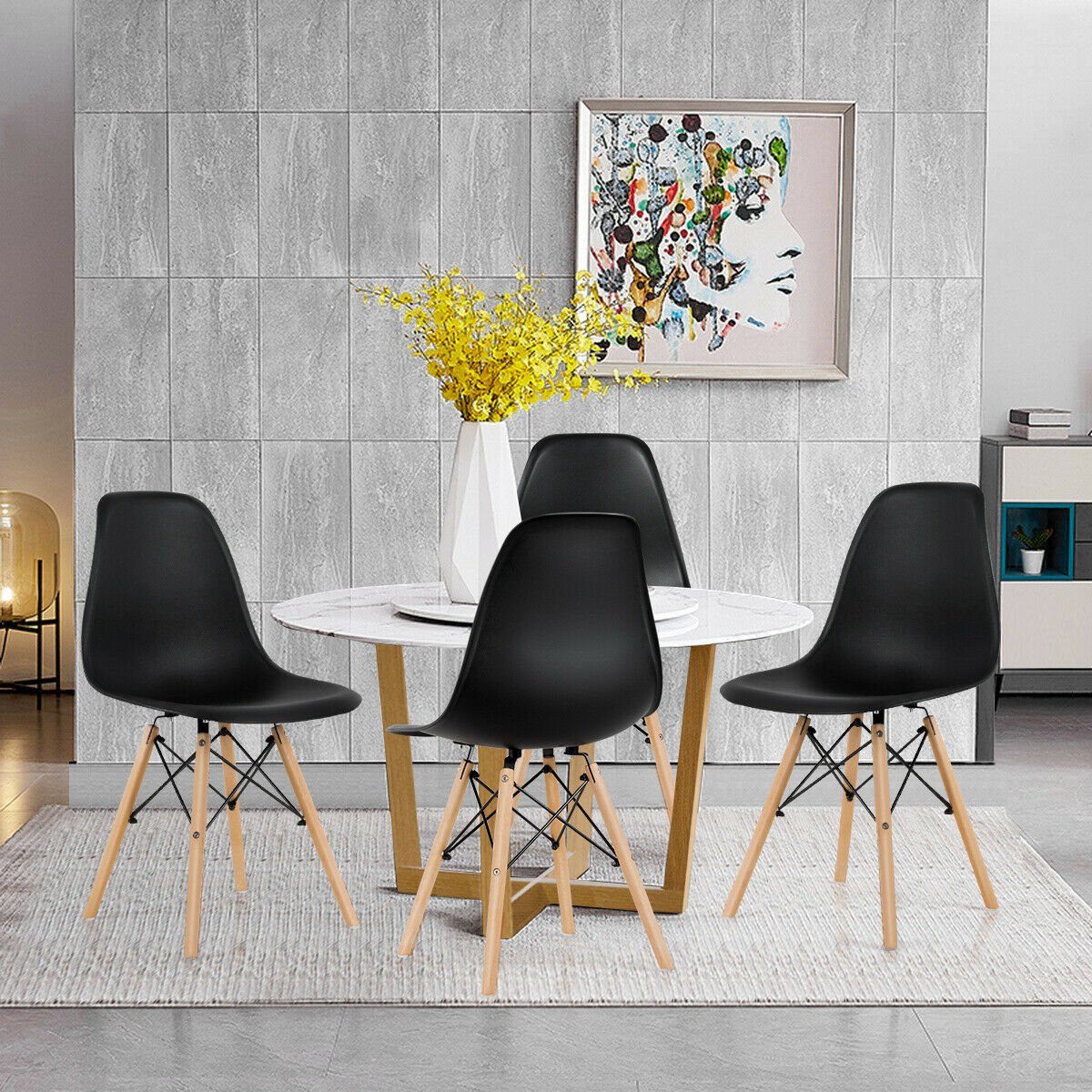 Set of 4 Modern Dining Side Chair Wood Legs-Black (Customer Return)