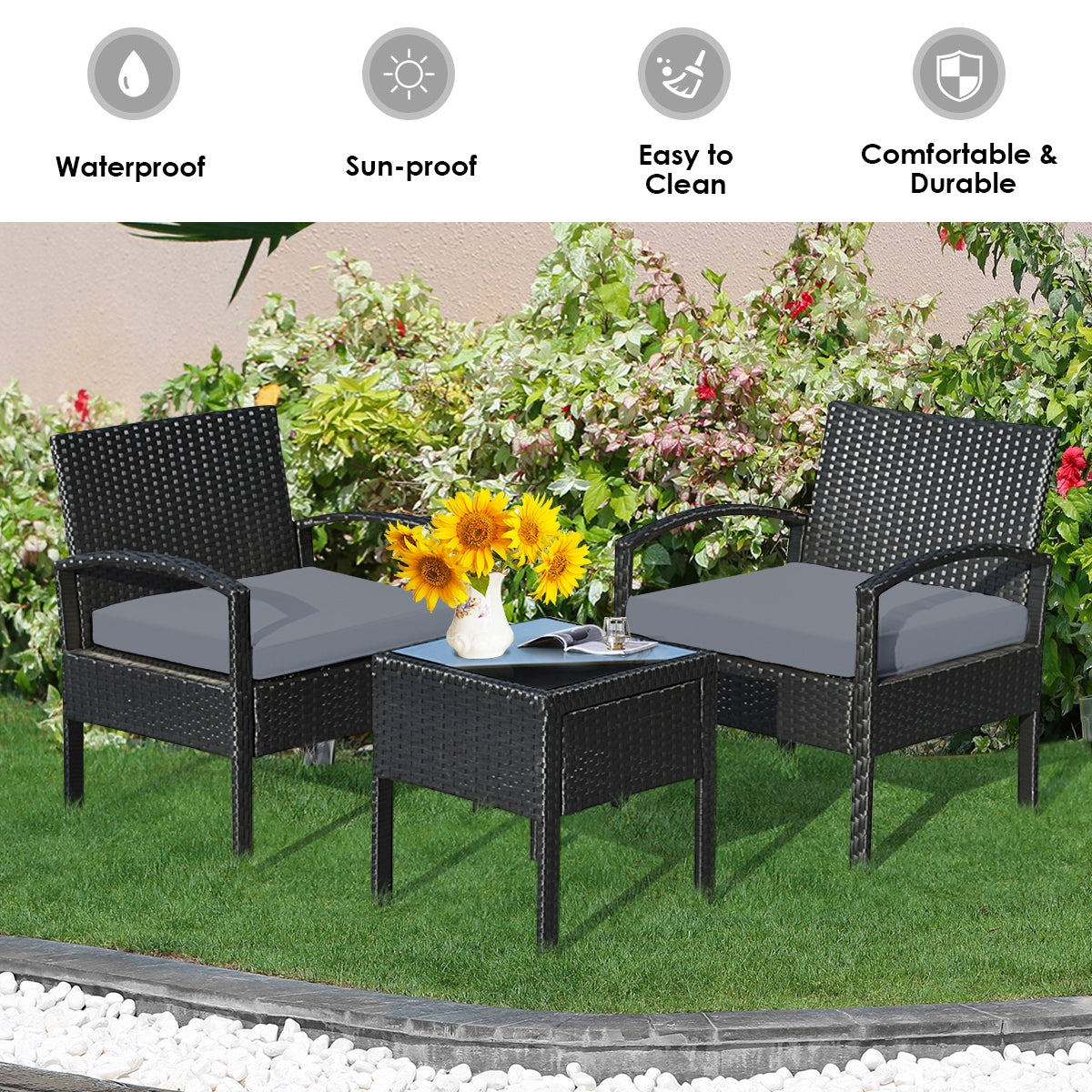 NO TAX SPECIAL, FULLY ASSEMBLED, 3 Pieces Outdoor Rattan Patio Conversation Set with Seat Cushions-Gray (Copy)