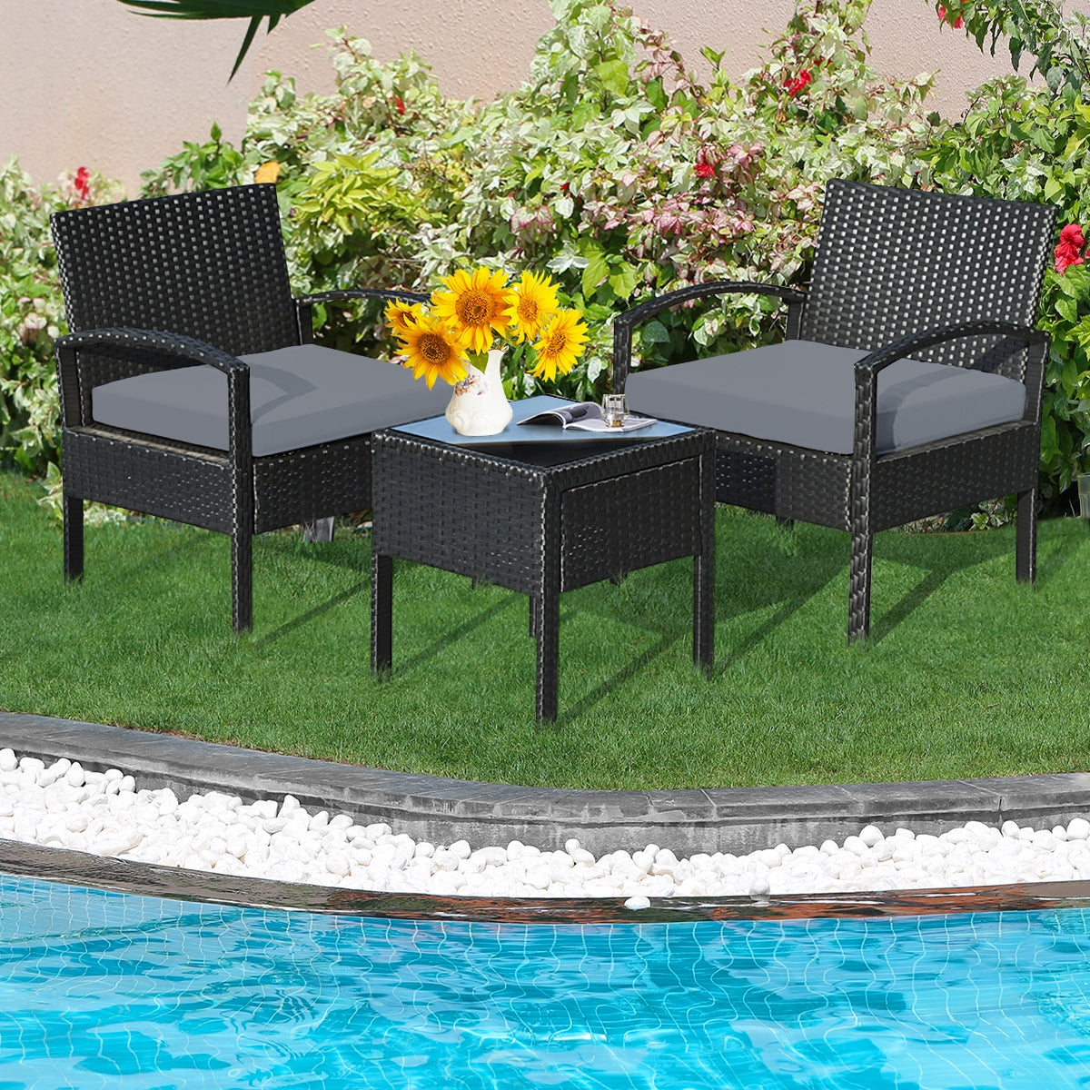 NO TAX SPECIAL, FULLY ASSEMBLED, 3 Pieces Outdoor Rattan Patio Conversation Set with Seat Cushions-Gray (Copy)